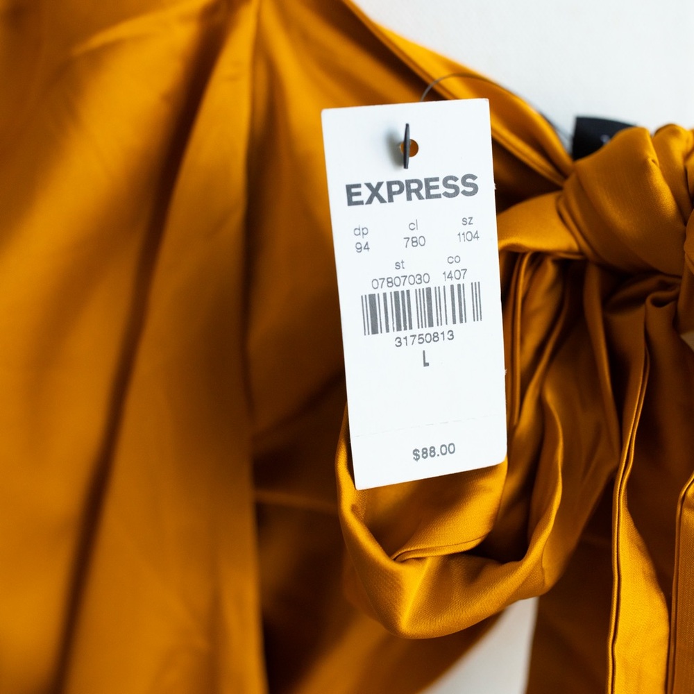 EXPRESS Satin V-Neck Puff Sleeve Twist Front Mini Fit and Flare Dress Golden - Picture 5 of 16